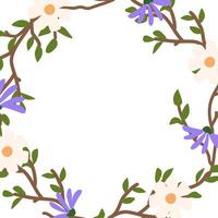 Elegant spring border with branches and wildflowers. Vector design template with text space for banner, poster, card