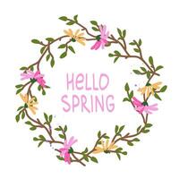 Cute card witn spring wreath and wildflowers. Hello spring - handwritten lettering. Vector design template for banner, poster, card