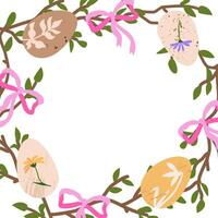 Easter spring border with Easter eggs, wildflowers and pink bows. Vector design template with text space for banner, poster, card