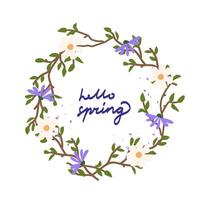 Card witn spring wreath and wildflowers. Hello spring - handwritten lettering. Vector design template for banner, poster, card