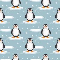 Seamless pattern with cute baby penguins on an ice floe on a blue background. Design for print, textile, fabric. Vector