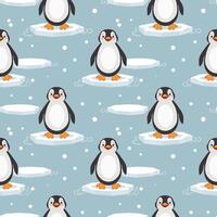 Seamless pattern with cute baby penguins on an ice floe on a blue background. Design for print, textile, fabric. Vector