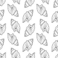 Seamless pattern of sea shells. Black outline of seashells on a white background. Vector