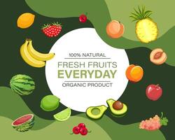 Design template with fresh fruits, natural products, organic food. Illustration, poster, fruit background banner. Vector