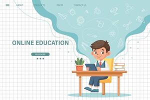 Online education website template. E-learning concept banner. Cute schoolboy sitting at table and studying online. Illustration, template for landing page. Vector