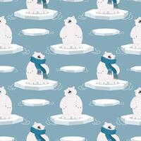 Seamless pattern with cute polar bears on an ice floe on a blue background. Design for print, textile, fabric. Vector
