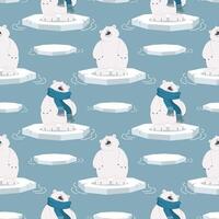 Seamless pattern with cute polar bears on an ice floe on a blue background. Design for print, textile, fabric. Vector