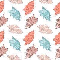 Seamless pattern of sea shells. Seashells of pastel colors on a white background. Vector