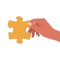 Hand with a puzzle piece. Puzzle pieces symbol of teamwork. Solving a business problem in a puzzle, partnership success. Vector