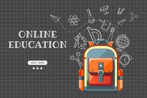 Online learning website template. School backpack with various science icons on a checkered background. Illustration, template for landing page. Vector