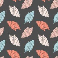 Seamless pattern from seashells. Seashells in pastel colors on a gray background. Vector