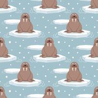 Seamless pattern with cute baby walruses on an ice floe on a blue background. Design for print, textile, fabric. Vector