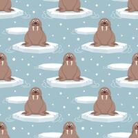 Seamless pattern with cute baby walruses on an ice floe on a blue background. Design for print, textile, fabric. Vector