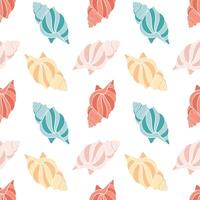 Seamless pattern of sea shells. Seashells of pastel colors on a white background. Vector