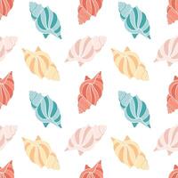 Seamless pattern of sea shells. Seashells of pastel colors on a white background. Vector