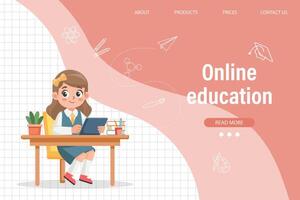 Online education for children. Cute schoolgirl studying, reading at her school desk. Illustration, template for landing page. Vector