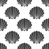 Seamless pattern of scallop seashells. Black silhouette of seashells on a white background. Vector