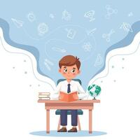 Education concept banner. Cute schoolboy sits at her desk and studies. Illustration, template. Vector