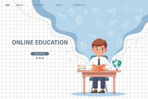 Online education website template. E-learning concept banner. Cute schoolboy sitting at table and studying online. Illustration, template for landing page. Vector