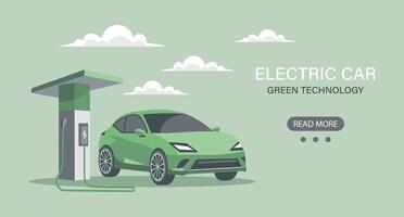 moderno eléctrico coche a un cargando estación. verde tecnología. ilustración, bandera. vector