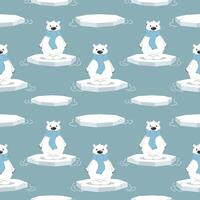 Seamless pattern with cute polar bears on an ice floe on a blue background. Design for print, textile, fabric. Vector
