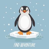 Cute penguin on an ice floe on a blue background with snow. Design for print, children's card, illustration. Vector