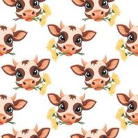 Seamless pattern with cute muzzles of cows with flowers in their mouths on a light background. Design for print, textile, fabric. Vector