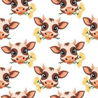 Seamless pattern with cute muzzles of cows with flowers in their mouths on a light background. Design for print, textile, fabric. Vector