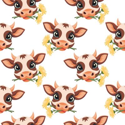 Seamless pattern with cute muzzles of cows with flowers in their mouths on a light background. Design for print, textile, fabric. Vector
