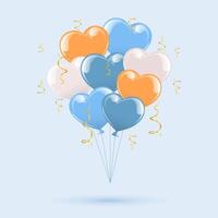 Bunch of 3d balloons. Colorful blue and yellow balloons and gold streamers. Happy birthday greeting card, festive grand opening. Vector