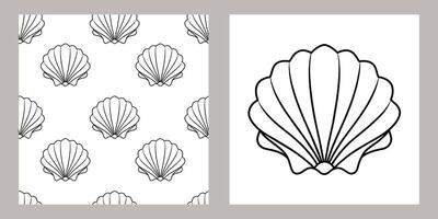 Seamless pattern of sea shells. Black outline of seashells on a white background. Vector