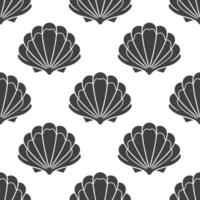 Seamless pattern of scallop seashells. Black silhouette of seashells on a white background. Vector