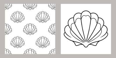 Seamless pattern of sea shells. Black outline of seashells on a white background. Vector