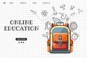 Online education website template. E-learning concept banner. School backpack with various science icons on a checkered background. Illustration, template for landing page. Vector