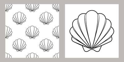 Seamless pattern of sea shells. Black outline of seashells on a white background. Vector