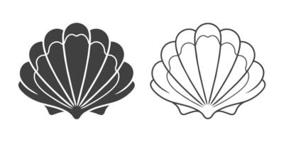 Scallop seashell logo. Isolated silhouette and contour drawing of a scallop on a white background. Vector