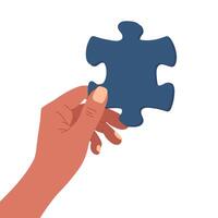 Hand with a puzzle piece. Puzzle pieces symbol of teamwork. Solving a business problem in a puzzle, partnership success. Vector