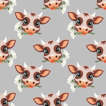 sin costura modelo con linda bozales de vacas con margaritas en su bocas en un ligero antecedentes. diseño para imprimir, textil, tela. vector