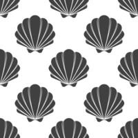 Seamless pattern of scallop seashells. Black silhouette of seashells on a white background. Vector