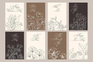 Set of botanical cards, posters. Linear flowers and plants in beige colors. Templates, vector