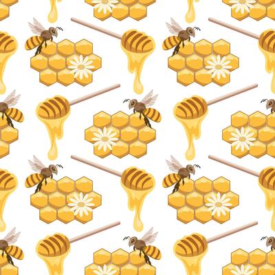 Seamless pattern, spoons with honey, honeycombs and bees. Background, print, vector