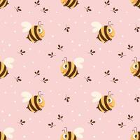 Seamless pattern with cute bee and chamomile flowers on a pastel background. Vector