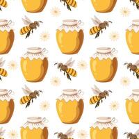 Seamless pattern, honey jars and bees. Background, print, vector