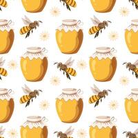 Seamless pattern, honey jars and bees. Background, print, vector