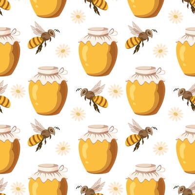 Seamless pattern, honey jars and bees. Background, print, vector