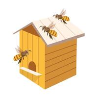 Wooden beehive and funny bees on a background of honeycombs. Illustration, print, vector