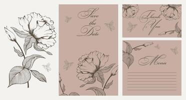 Rustic style wedding invitation template with outline flowers. Save the date. Menu. Thank you. Calligraphy, posters, vector