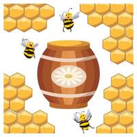 Wooden barrel with honey and funny bees on the background of honeycombs. Illustration, print, vector