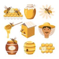 un conjunto de íconos en el tema de Miel, panales, abejas, colmenas, apicultor, barril con Miel, cuchara. vector