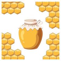 Glass jar with honey and funny bees on the background of honeycombs. Illustration, print, vector